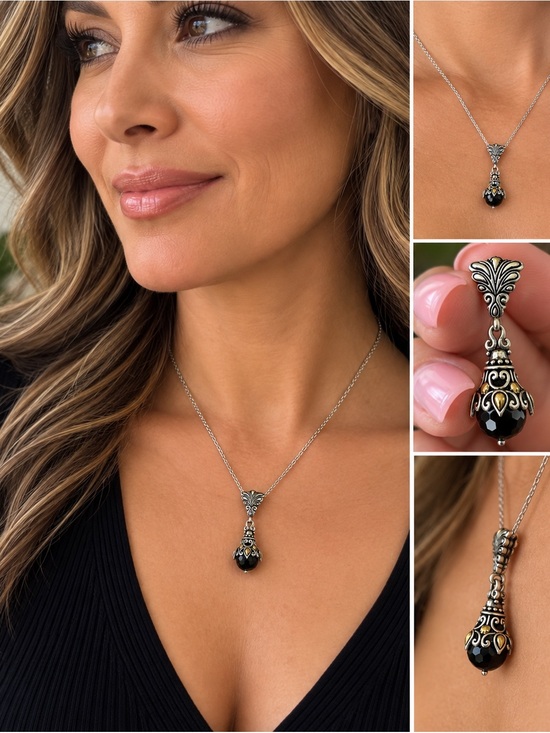 Jewelry - 925 Sterling Silver 18K Gold Black Gemstone Bali Style Pendant. NECKLACE NOT INC